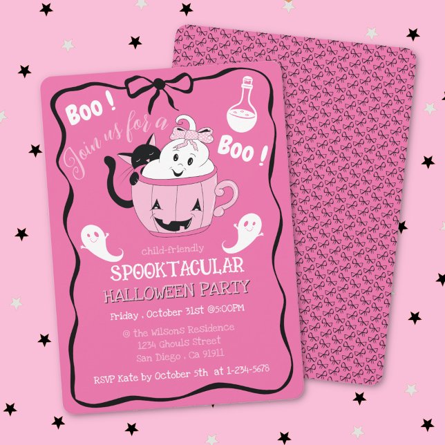 Cute Pink Kid Halloween Invitation with Black Bow (Cute pink kid-friendly Halloween party invitation with a doodle black bow .)