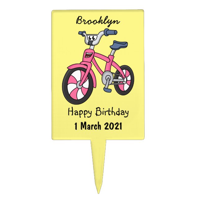 Cute pink kids bicycle cartoon illustration cake topper (Front)