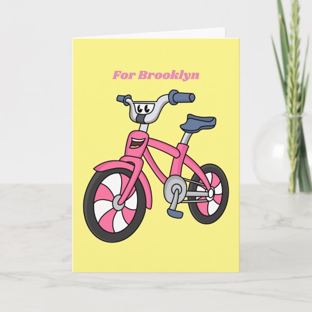 Cute pink kids bicycle cartoon illustration card (Front)