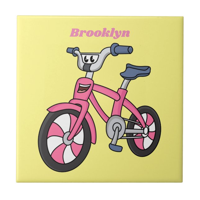 Cute pink kids bicycle cartoon illustration ceramic tile (Front)