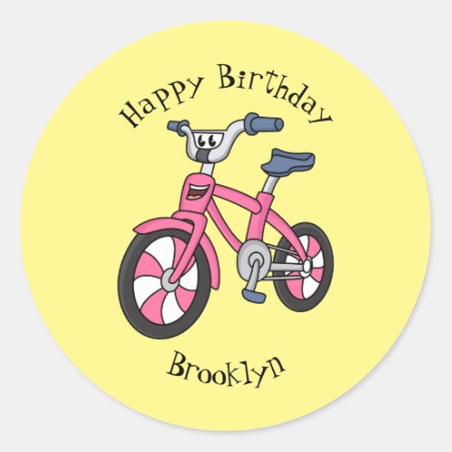 Cute pink kids bicycle cartoon illustration  classic round sticker