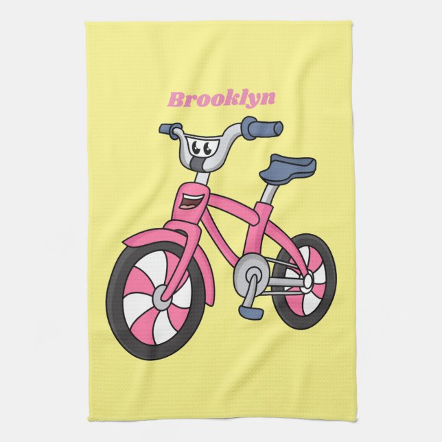 Cute pink kids bicycle cartoon illustration kitchen towel (Vertical)