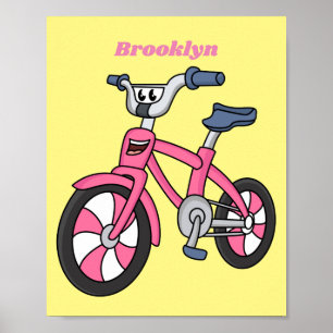Cute pink kids bicycle cartoon illustration poster