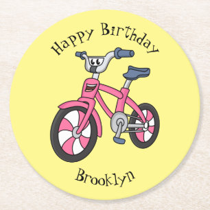 Cute pink kids bicycle cartoon illustration round paper coaster