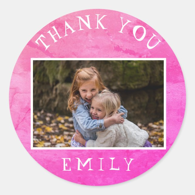Cute Pink Kids Girly Photo Thank you Classic Round Sticker (Front)