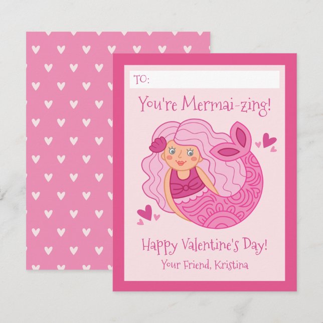 Cute Pink Kids Mermaid Valentine Note Card (Front/Back)