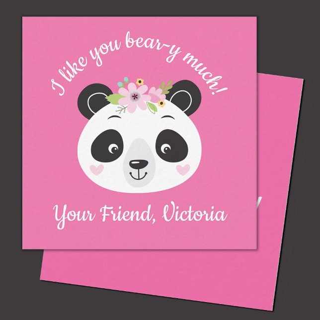 Cute Pink Kids Panda Classroom Valentines Day Note Card (Cute panda valentine.  perfect for a kids classroom exchange. personalize it with your kids name.)