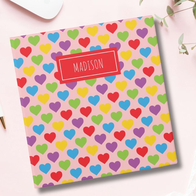 Cute Pink Kids Rainbow Hearts School Memories 3 Ring Binder (Creator Uploaded)