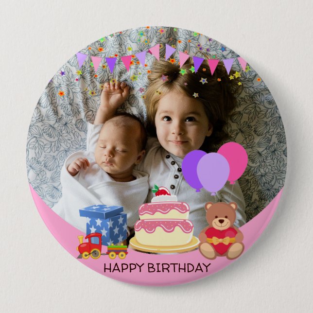 Cute Pink Kids Toys Birthday Celebration Photo Button (Front)