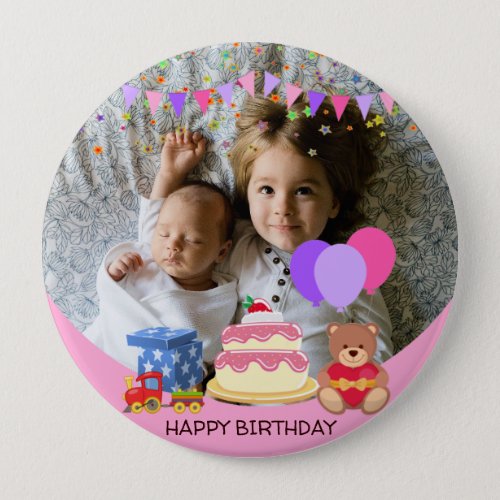 Cute Pink Kids Toys Birthday Celebration Photo Button
