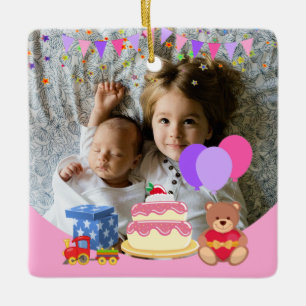 Cute Pink Kids Toys Birthday Celebration Photo Ceramic Ornament