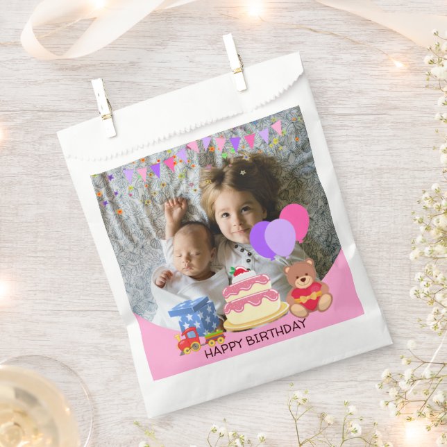 Cute Pink Kids Toys Birthday Celebration Photo Favor Bag (Clipped)