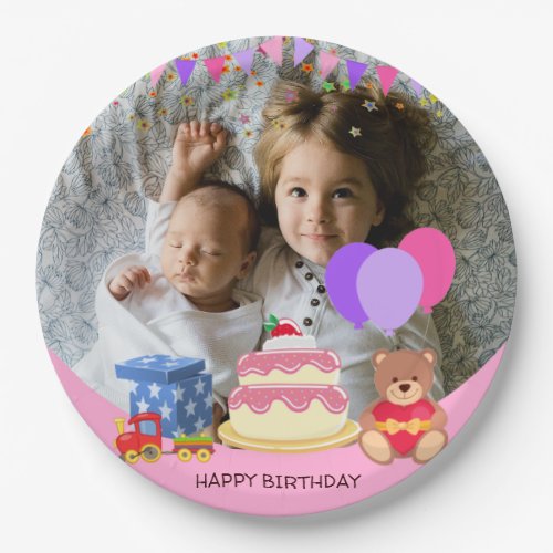 Cute Pink Kids Toys Birthday Celebration Photo Paper Plates