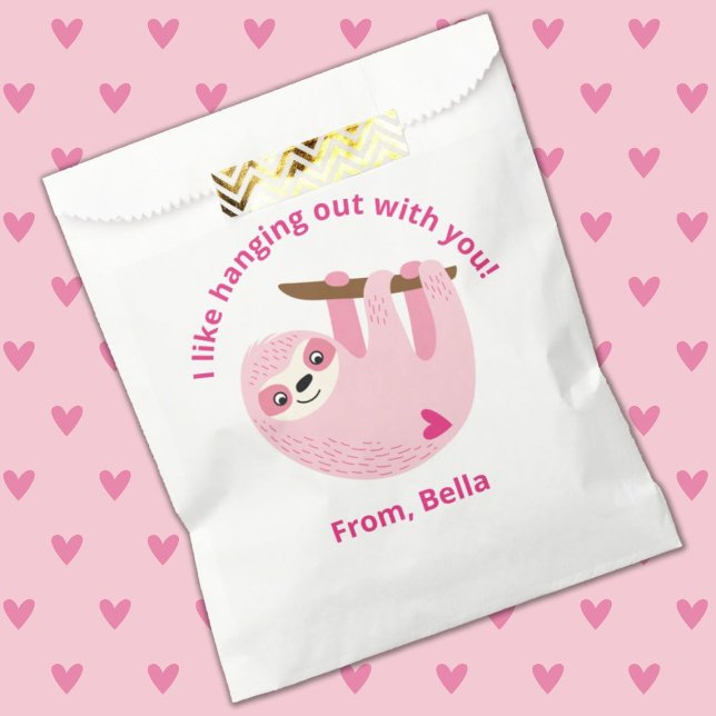 Cute Pink Kids Valentine School Classroom Favor Bag (A cute pink sloth Valentine's Day Favor Bag. So fun for A school valentine exchange!)