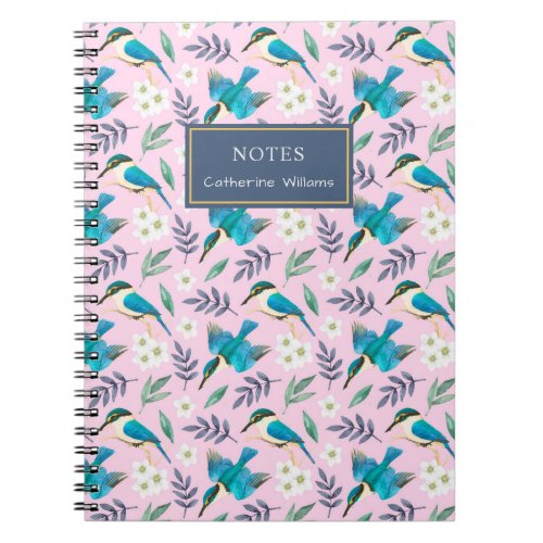 Cute Pink Kingfisher Birds Floral Pattern Name Notebook