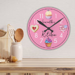 Cute Pink Kitchen Watercolor Cupcake Personalized  Round Clock<br><div class="desc">Personalized kitchen wall clock with cute watercolor sweet treats-cupcakes and cookies.</div>