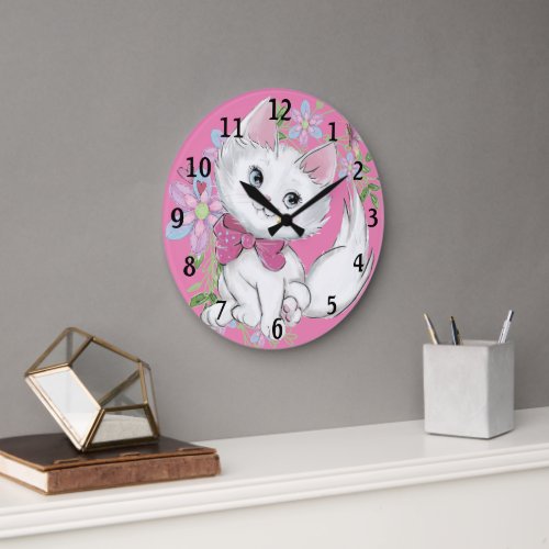 Cute PInk Kitten and Flowers Girls Large Clock