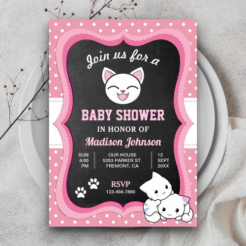 Cute Pink Kitten Baby Shower Invitation