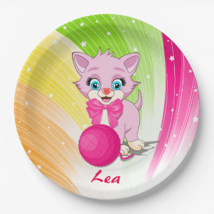 Cute Pink Kitten Cartoon Paper Plates