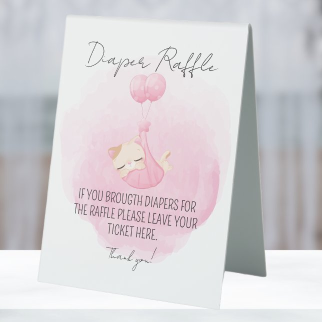 Cute Pink Kitten Diaper Raffle Baby Girl Shower Table Tent (Creator Uploaded)