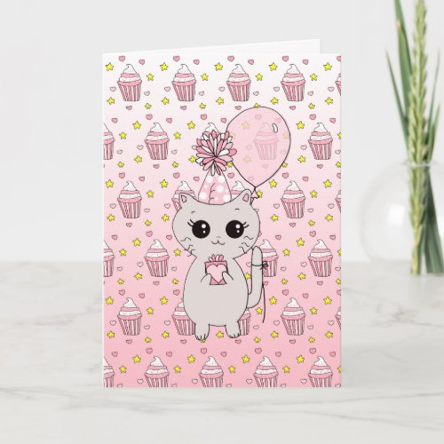 Cute Pink Kitten Girls Happy Birthday Card