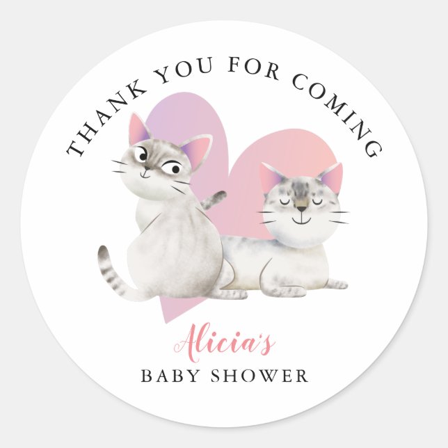 Cute Pink Kitten Twins Baby Shower Favor Classic Round Sticker (Front)