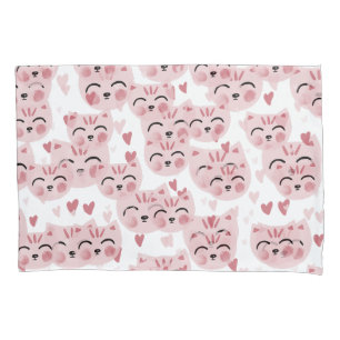 Cute Pink Kittens and Hearts Pattern for Kids Pillow Case
