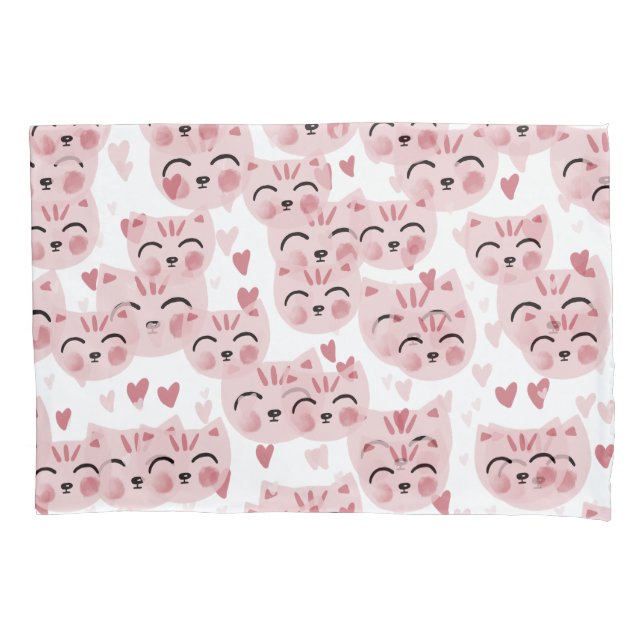 Cute Pink Kittens and Hearts Pattern for Kids Pillow Case (Front)