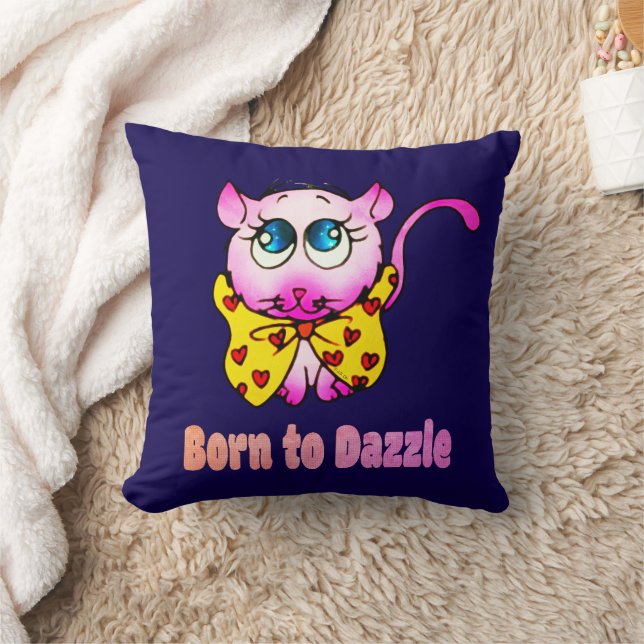Cute Pink Kitty - Born to Dazzle Art Throw Pillow (Blanket)
