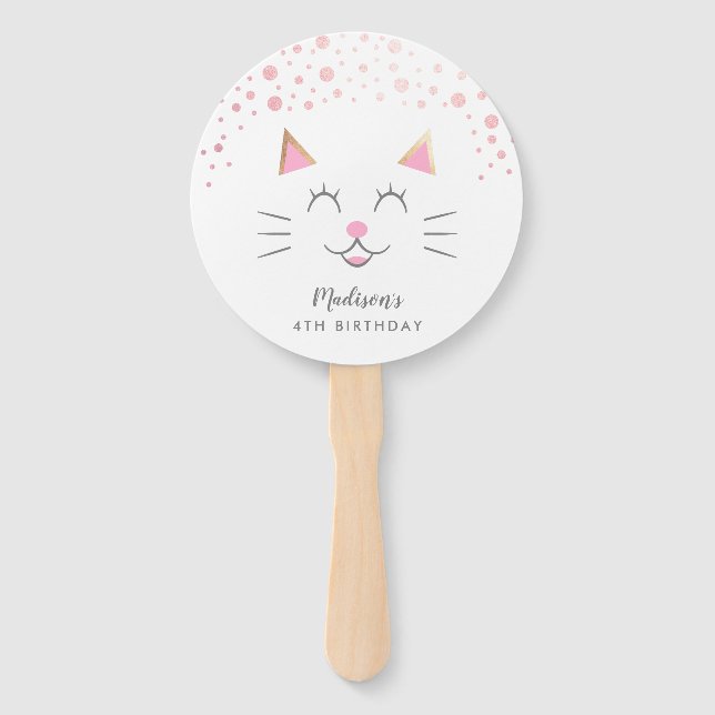 Cute Pink Kitty Cat Birthday Hand Fan (Front)
