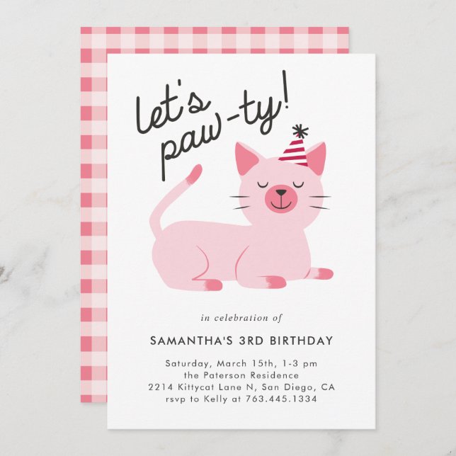 Cute Pink Kitty Cat Birthday Party Invitation (Front/Back)