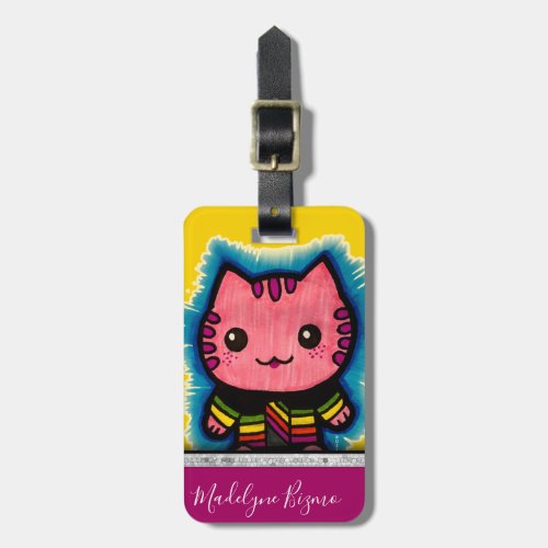 Cute Pink Kitty Cat Bold Neon Colors Kids Travel Luggage Tag