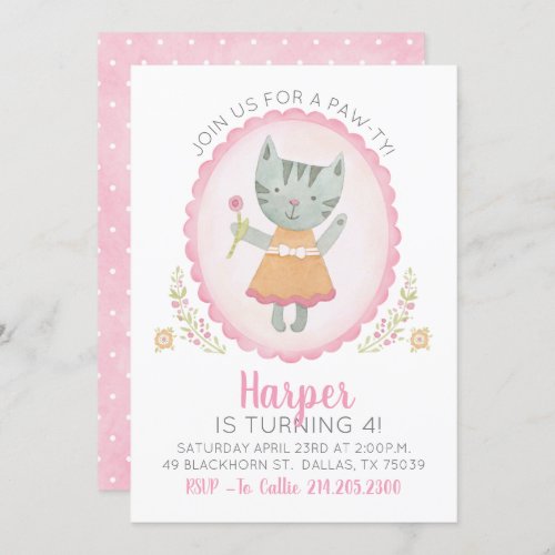 Cute Pink Kitty Cat Girl Birthday Invitation