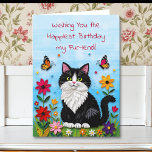 Cute Pink Kitty Cat in Flowers Birthday Card<br><div class="desc">A cute cat pun filled birthday card for a friend. A sweet black and white tuxedo cat sitting in flowers and surrounded by butterflies. The art is in an impasto oil paper quilling style.</div>