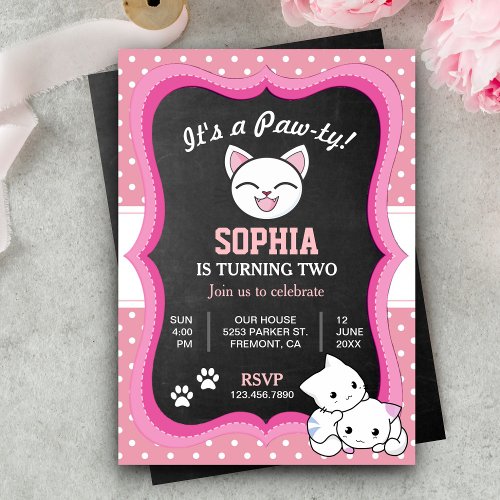 Cute Pink Kitty Cat Kids Birthday Party Invitation