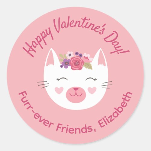 Cute Pink Kitty Cat Kids Valentines Day Classroom Classic Round Sticker