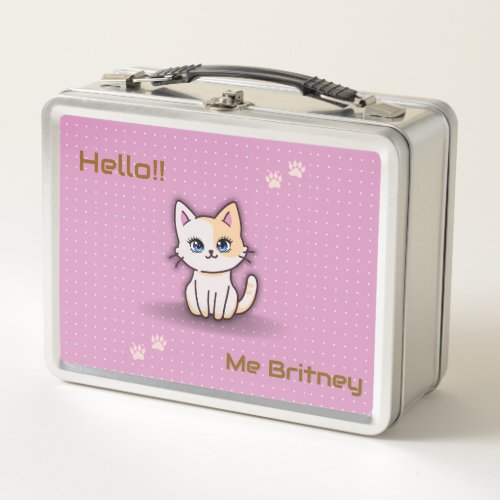 Cute Pink Kitty Cat Personalized Name Metal Lunch Box