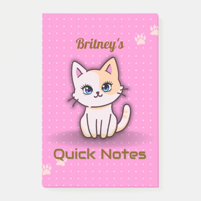 Cute Pink Kitty Cat Personalized Name Post-it Notes (Front)