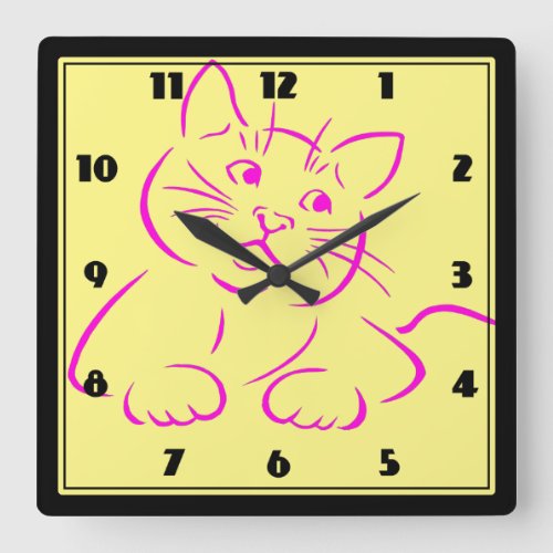Cute Pink Kitty Cat Square Wall Clock