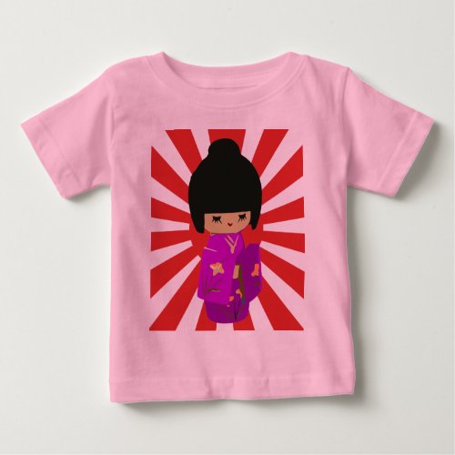 Cute Pink  Kokeshi Doll on rising sun Baby T_Shirt