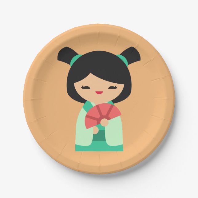 Cute pink Kokeshi Japanese dolls Paper Plates (Front)