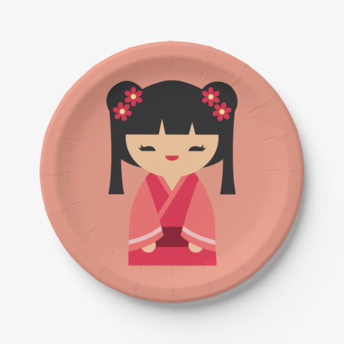 Cute pink Kokeshi Japanese dolls Paper Plates