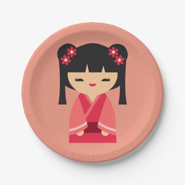 Cute pink Kokeshi Japanese dolls Paper Plates (Front)