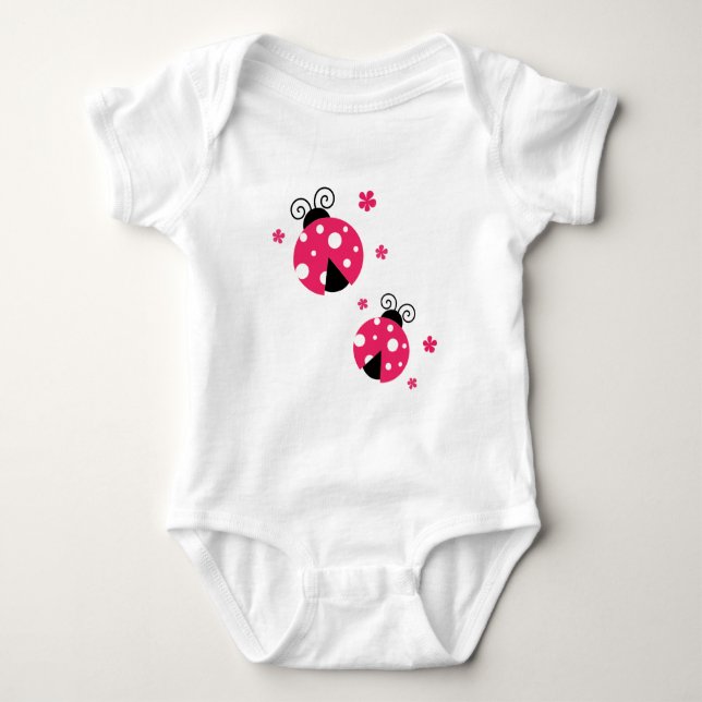 Cute Pink Labybirds and Flowers Baby Bodysuit (Front)