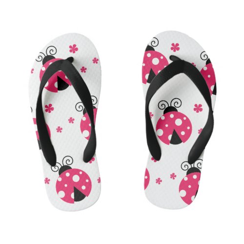 Cute Pink Labybirds and Flowers Kids Flip Flops