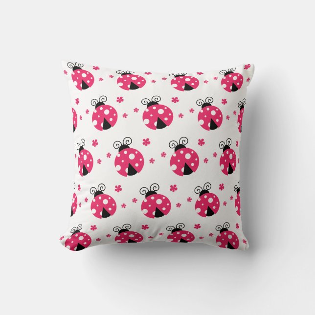 Cute Pink Labybirds and Flowers Throw Pillow (Front)