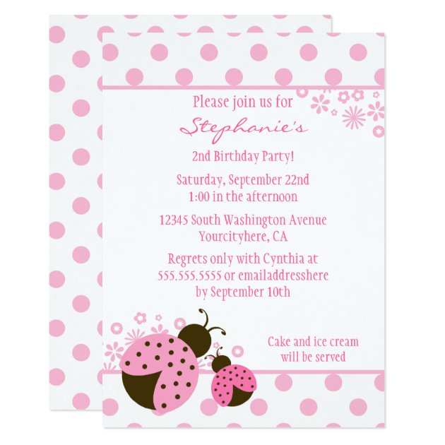 Cute Pink Lady Bug Girls Birthday Party Invitation