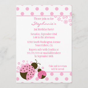 Cute pink lady bug girls birthday party invitation