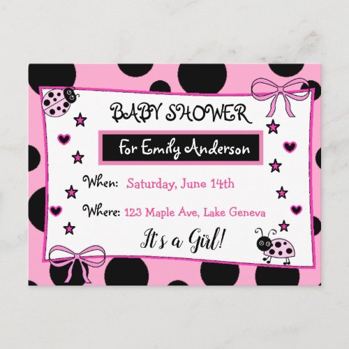 Cute Pink Ladybug Baby Shower Invitation Postcard