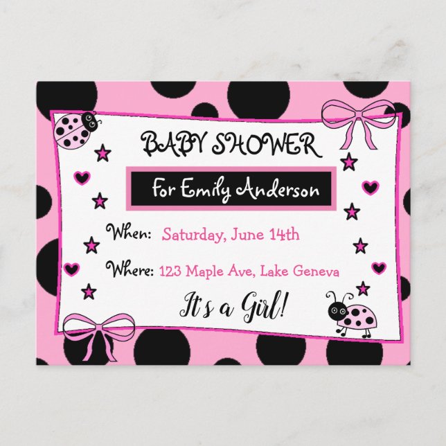 Cute Pink Ladybug Baby Shower Invitation Postcard (Front)